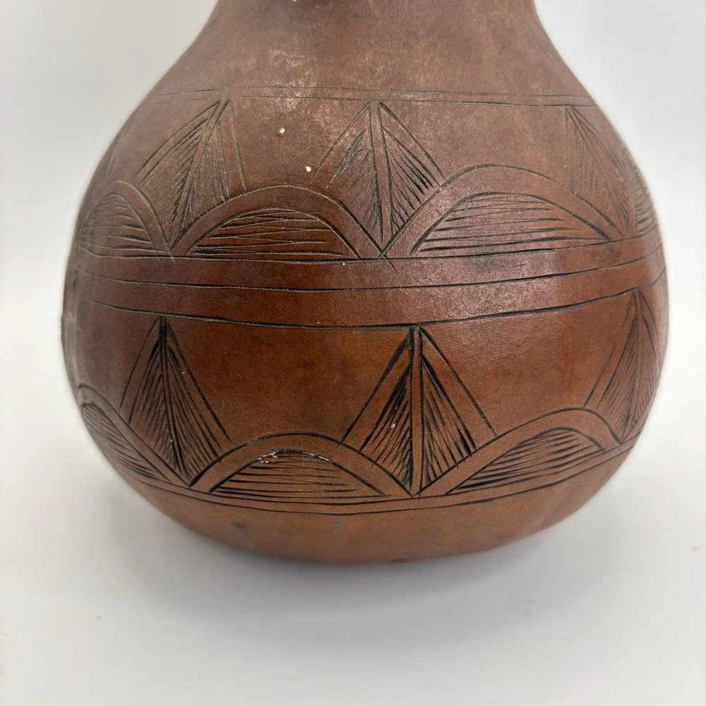 African Folk Art Carved Calabash Gourd 9x6 Drinking‎ Vessel Braided Rope Handle